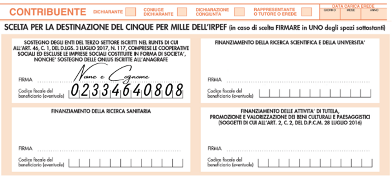 Fac-simile modulo 5 x Mille - come compilare il codice fiscale della Fondazione Marino